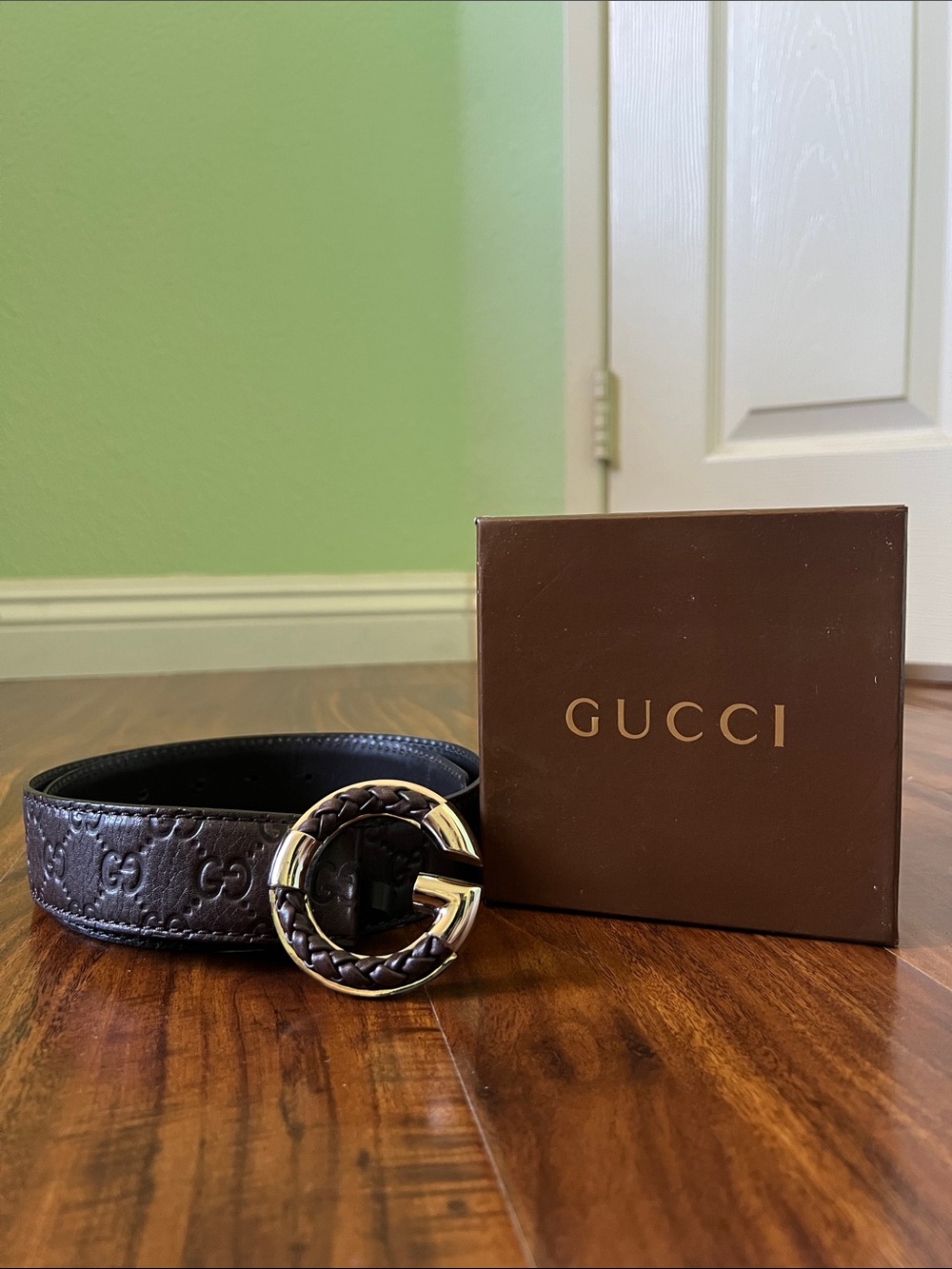 Gucci Women’s Brown GG Embossed Leather Belt with Gold-Tone Braided G Buckle